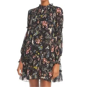 Cinq à Sept Black Multicolor Floral Long Sleeve Dress